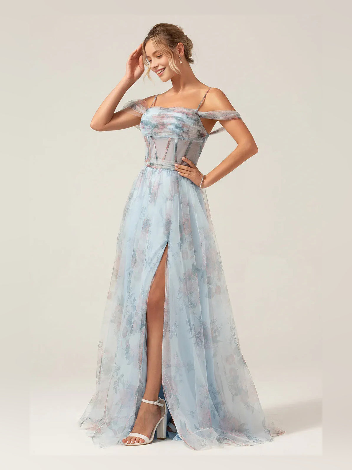 As Picture floor-length prom dress, front view showing the a-line silhouette