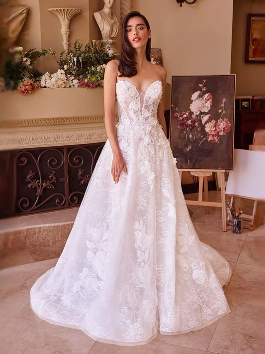 Ivory floor-length wedding dress, front view showing the a-line silhouette