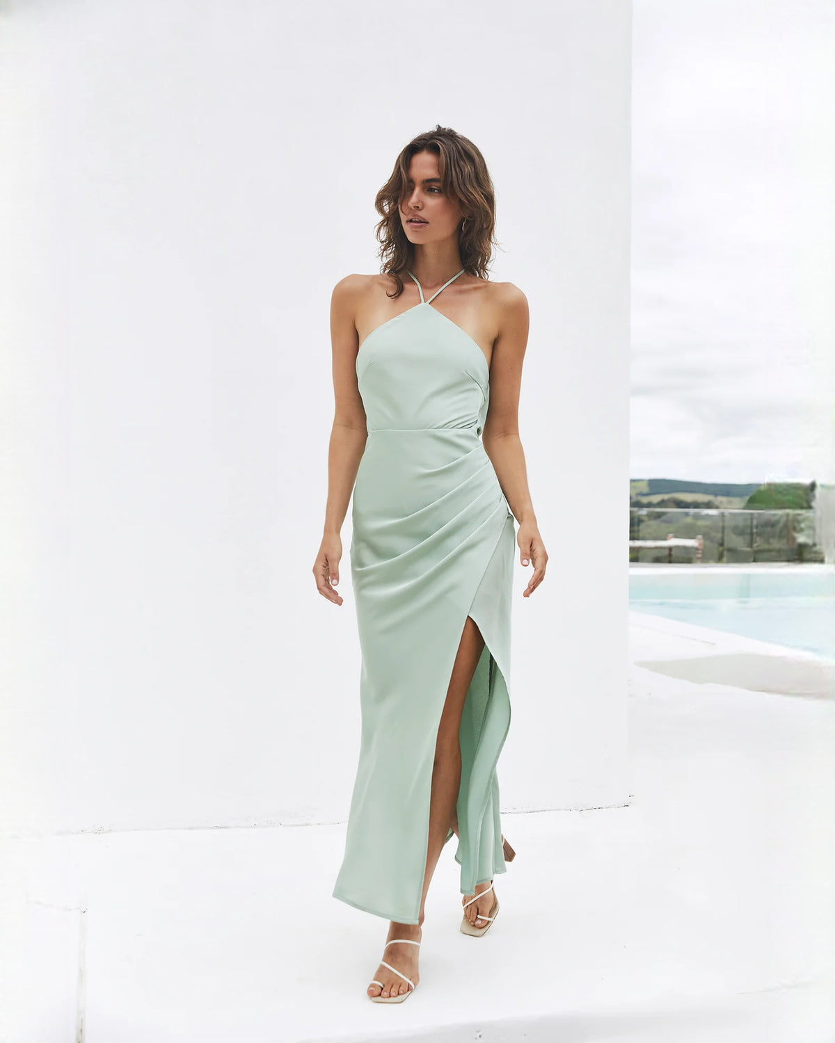 sleeveless satin a-line midi bridesmaid dress - image 1