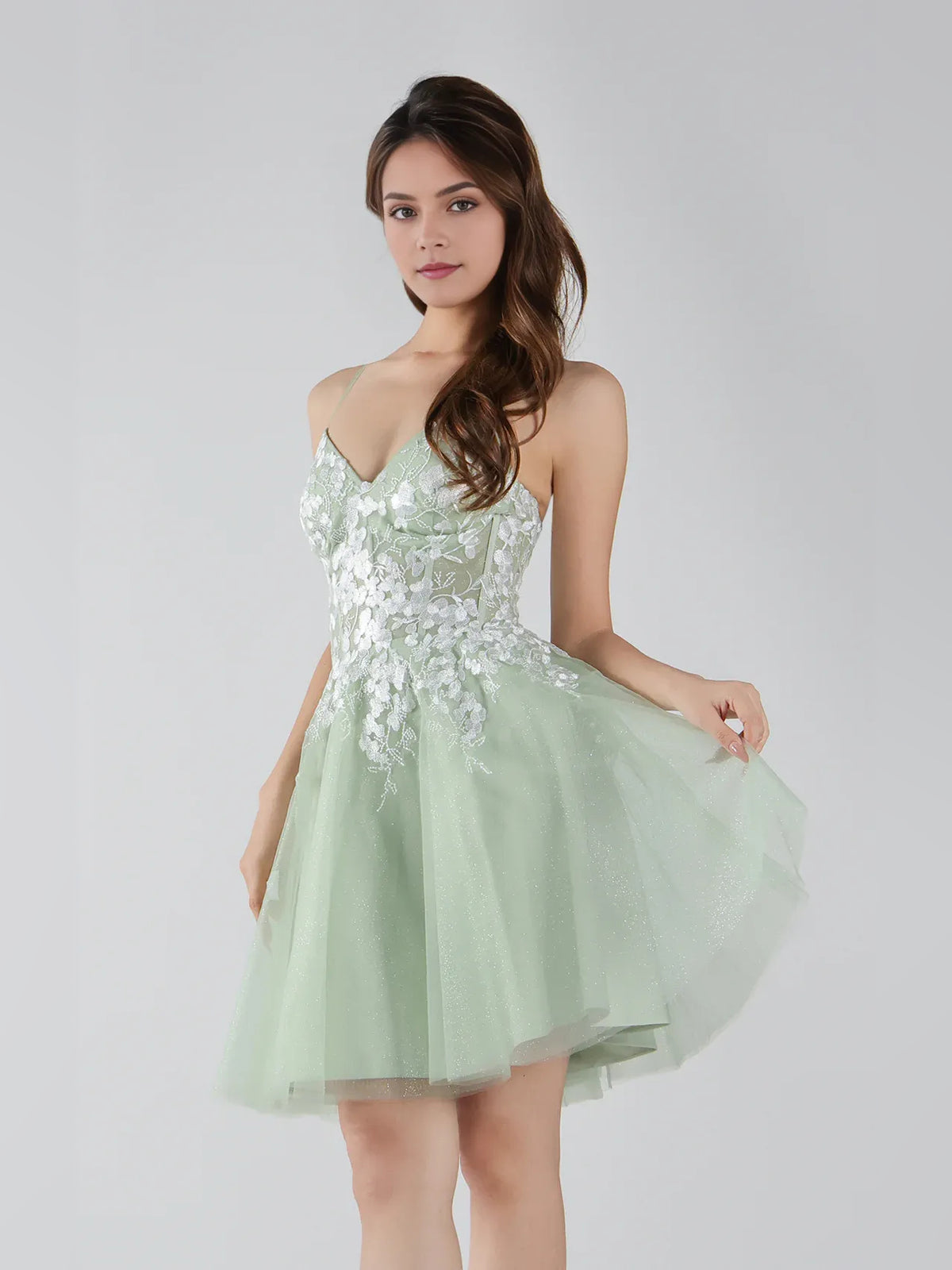 Sage Green mini homecoming dress, alternate view showing the full-length silhouette