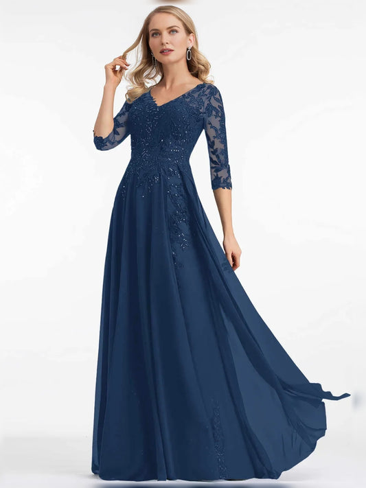 Dark Blue maxi mother of the bride dress, front view showing the a-line silhouette