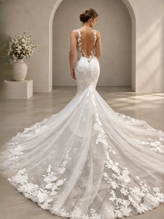 Ivory floor-length wedding dress, front view showing the a-line silhouette