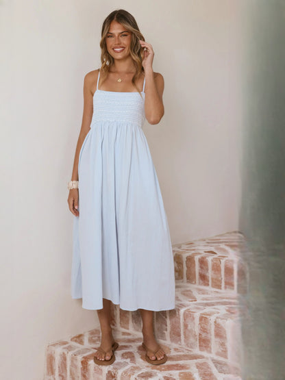 Blue midi formal dress, full-length front view
