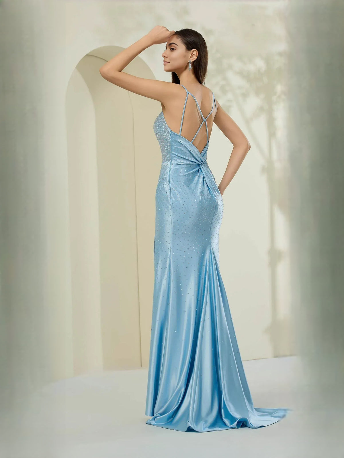 Light Blue floor-length prom dress, front view showing the mermaid silhouette