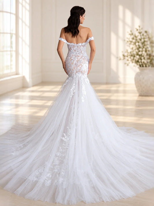 White floor-length wedding dress, front view showing the mermaid silhouette
