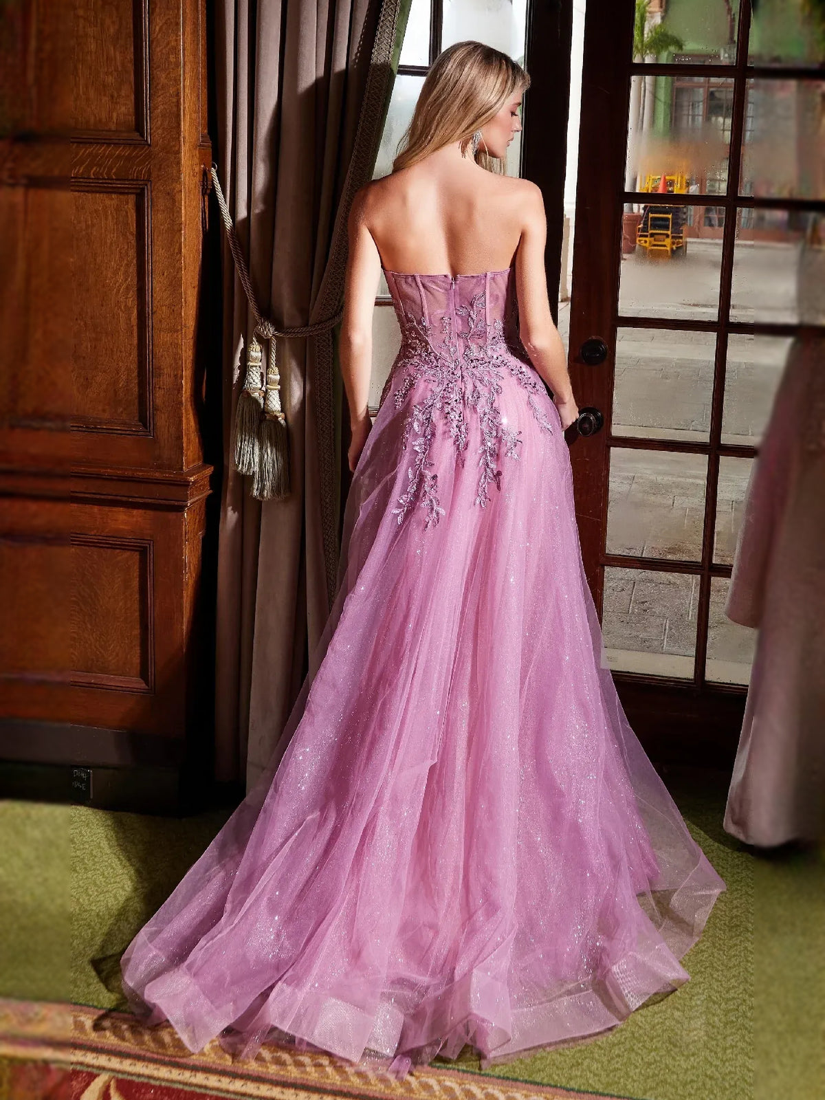 Dusty Sage maxi prom dress, front view showing the a-line silhouette