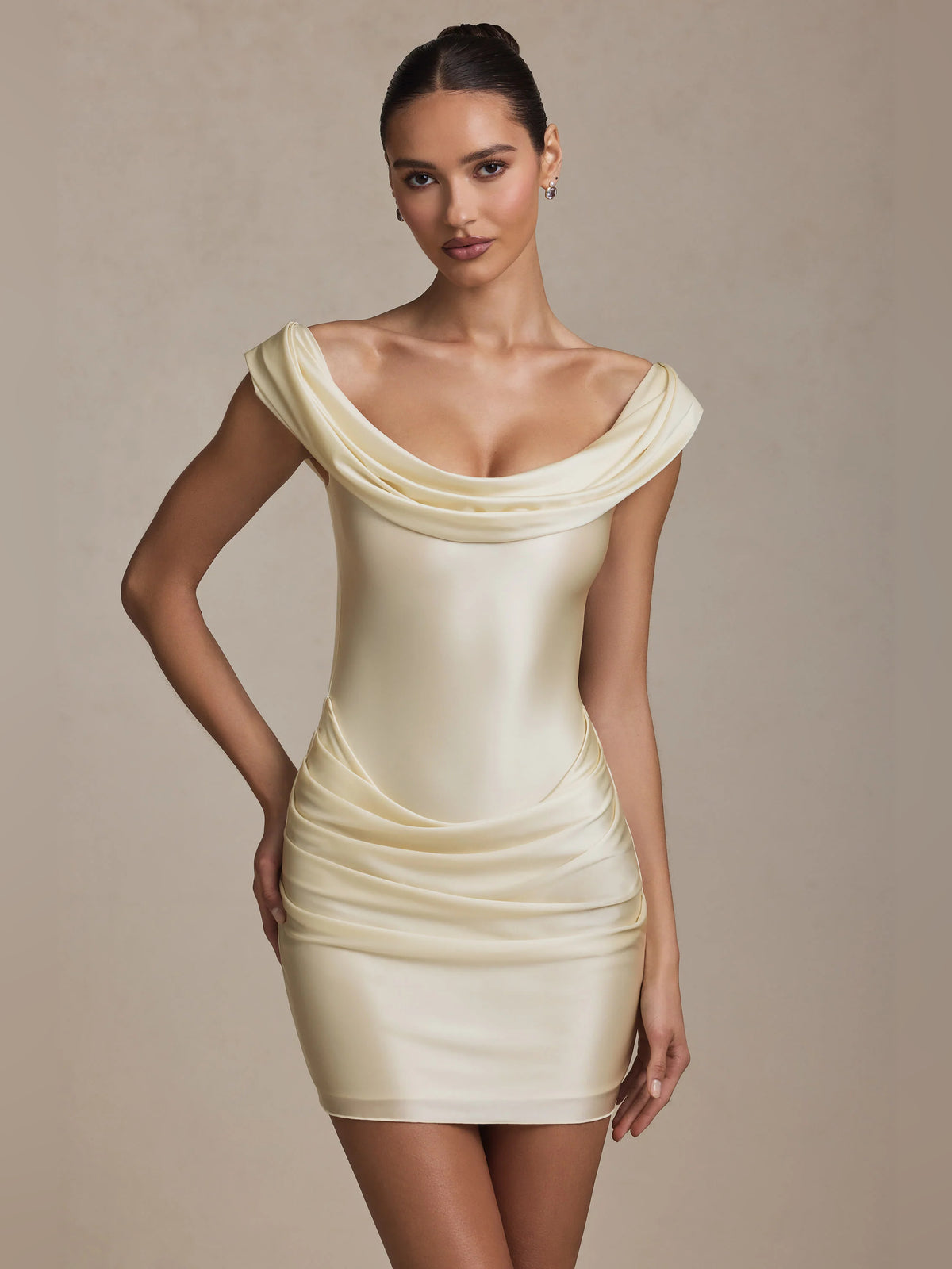 Ivory mini homecoming dress, front view showing the silhouette