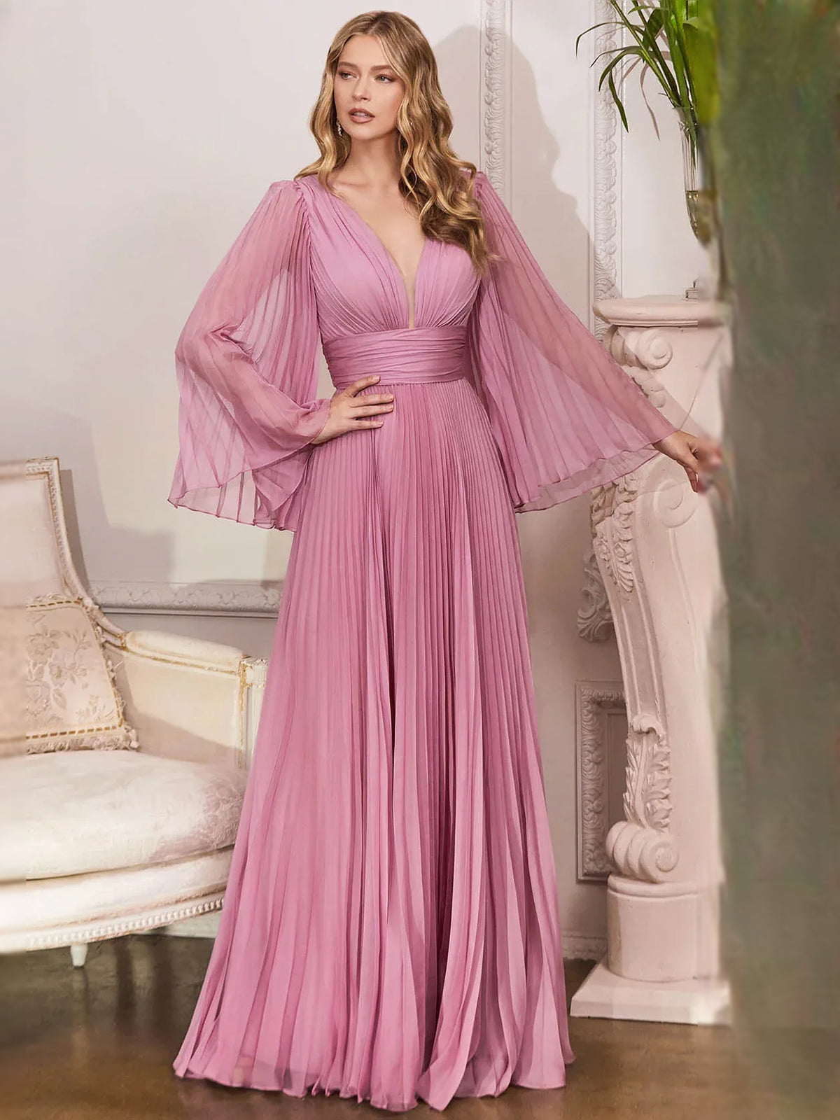 Dusty Rose a-line floor-length formal dress with V-neckline, full-length front view