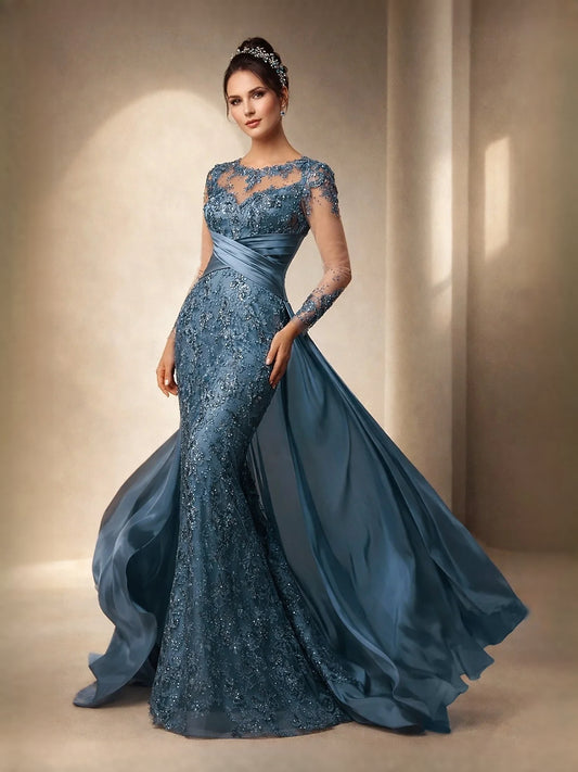 Dusty Blue floor-length mother of the bride dress, front view showing the mermaid silhouette