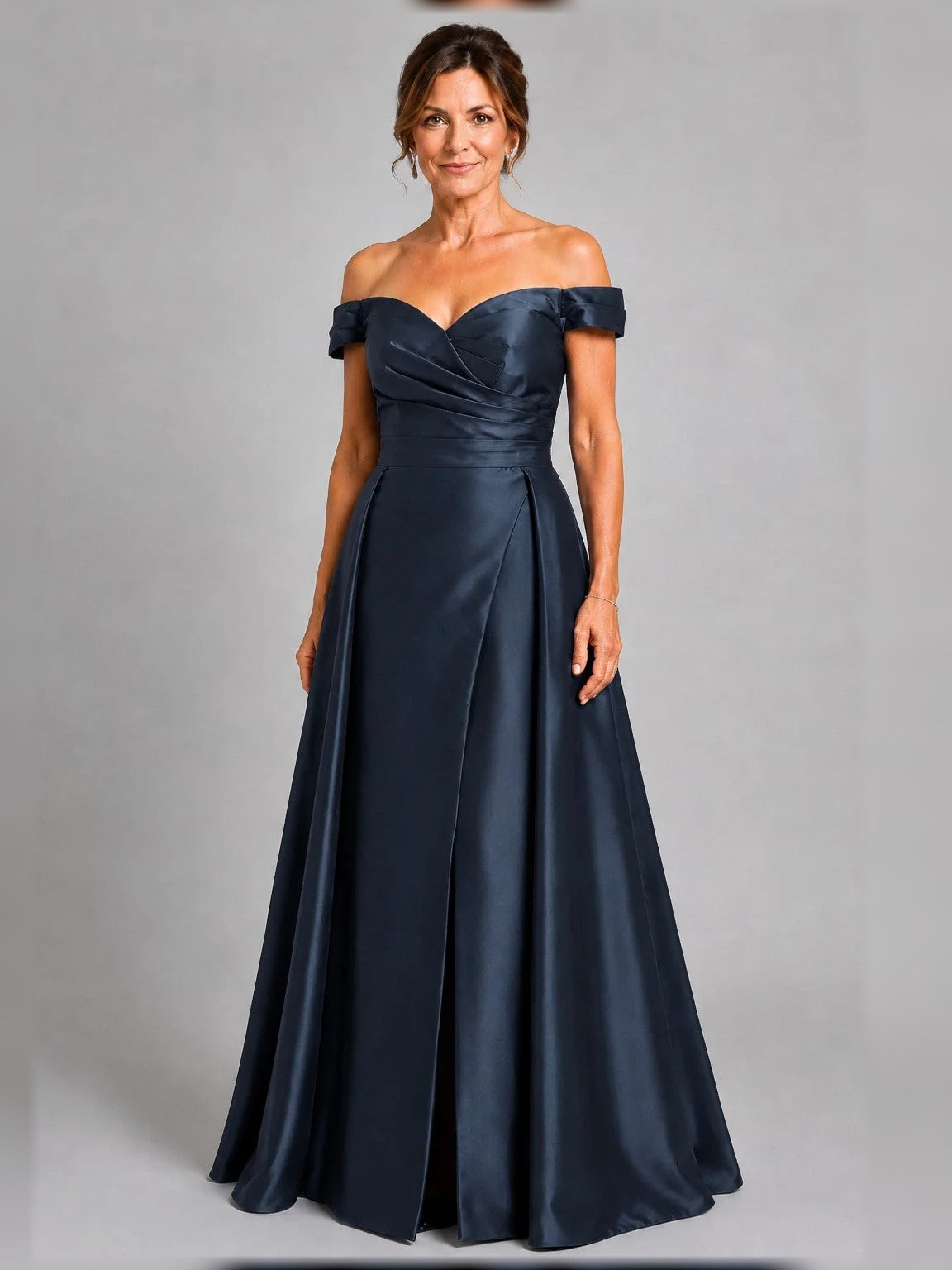 Navy Blue floor-length mother of the bride dress, front view showing the a-line silhouette