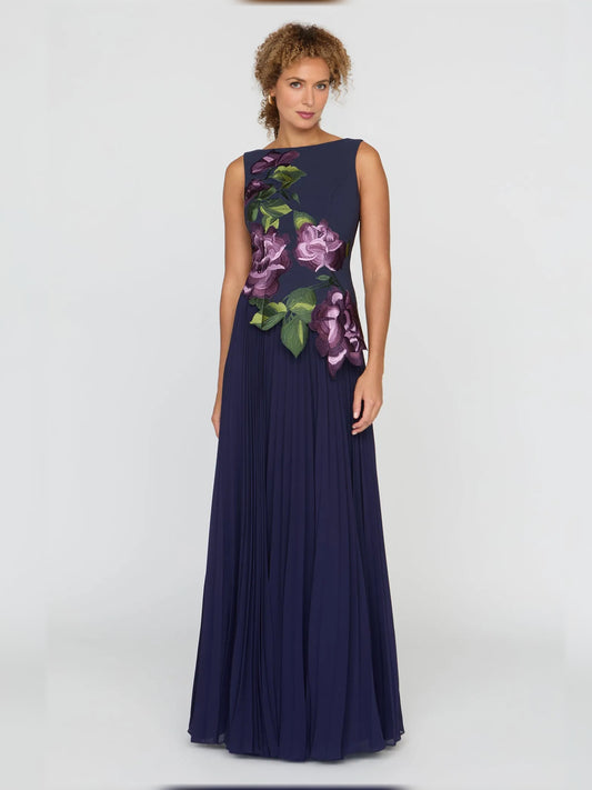 Dark Navy floor-length mother of the bride dress, front view showing the a-line silhouette
