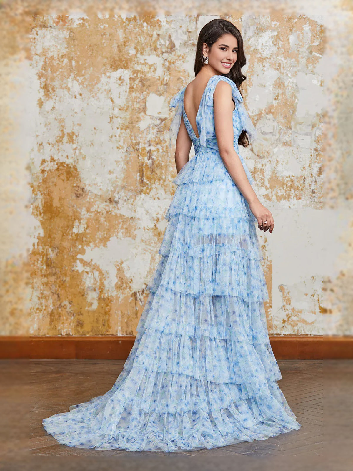 Blue floor-length prom dress, front view showing the a-line silhouette