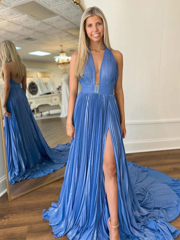 Blue floor-length prom dress, front view showing the a-line silhouette