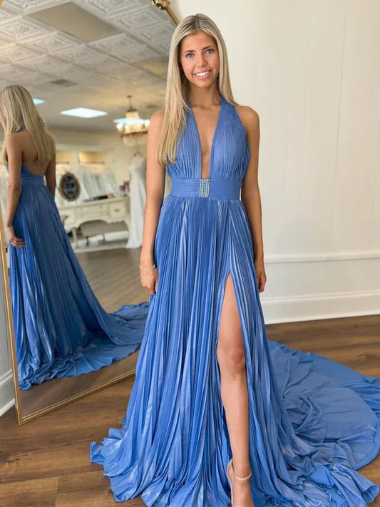 Blue floor-length prom dress, front view showing the a-line silhouette