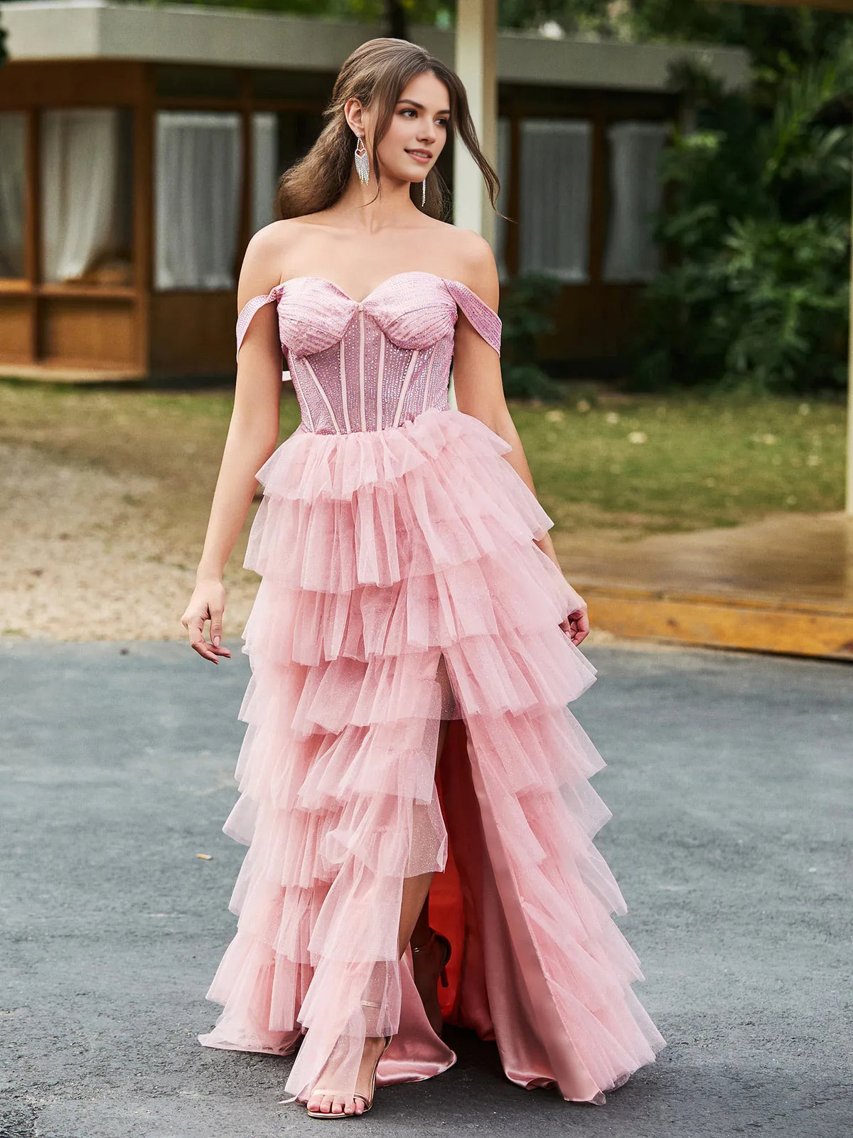 Blush Pink floor-length prom dress, front view showing the a-line silhouette