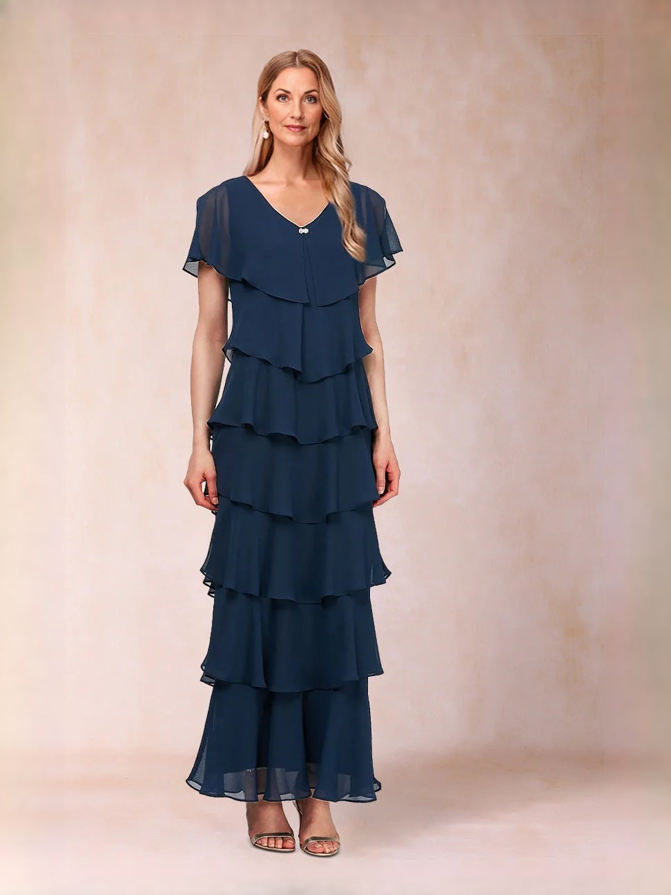 Dark Blue maxi mother of the bride dress, front view showing the a-line silhouette