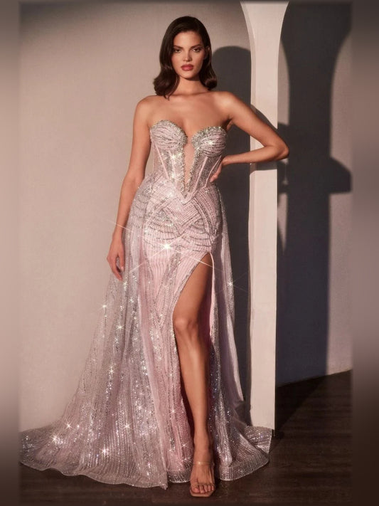 Blush Pink mermaid floor-length formal dress with sweetheart neckline, full-length front view