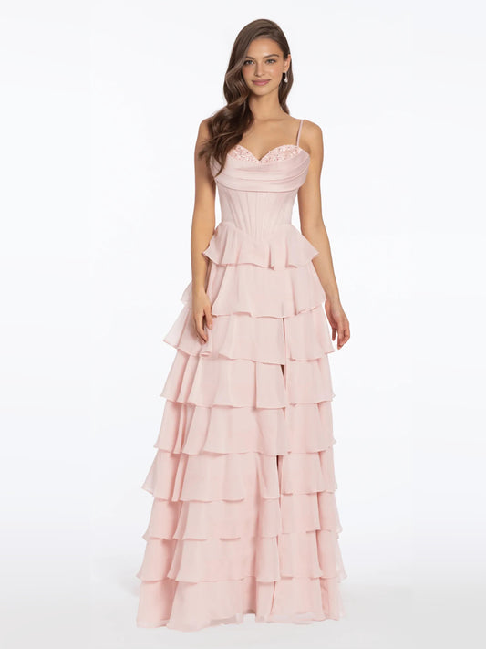 Light Pink floor-length prom dress, front view showing the a-line silhouette