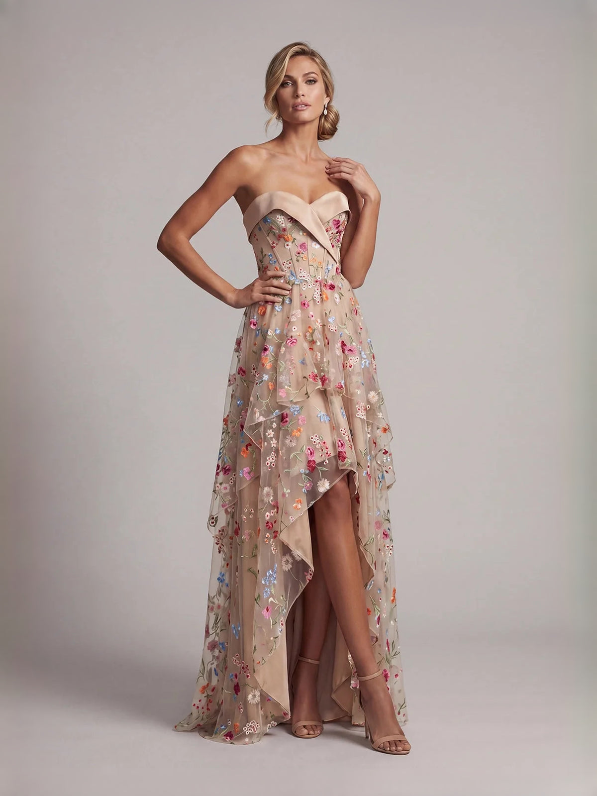 Rose Gold high-low prom dress, front view showing the mermaid silhouette