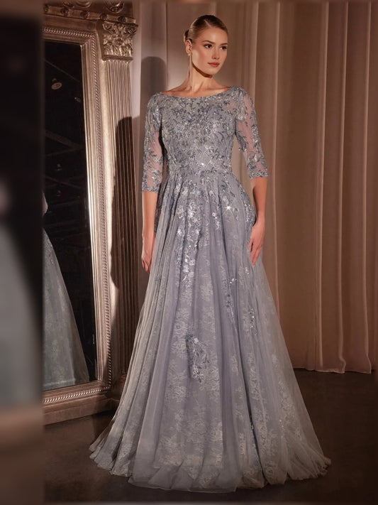 Silver a-line floor-length formal dress with beading, full-length front view