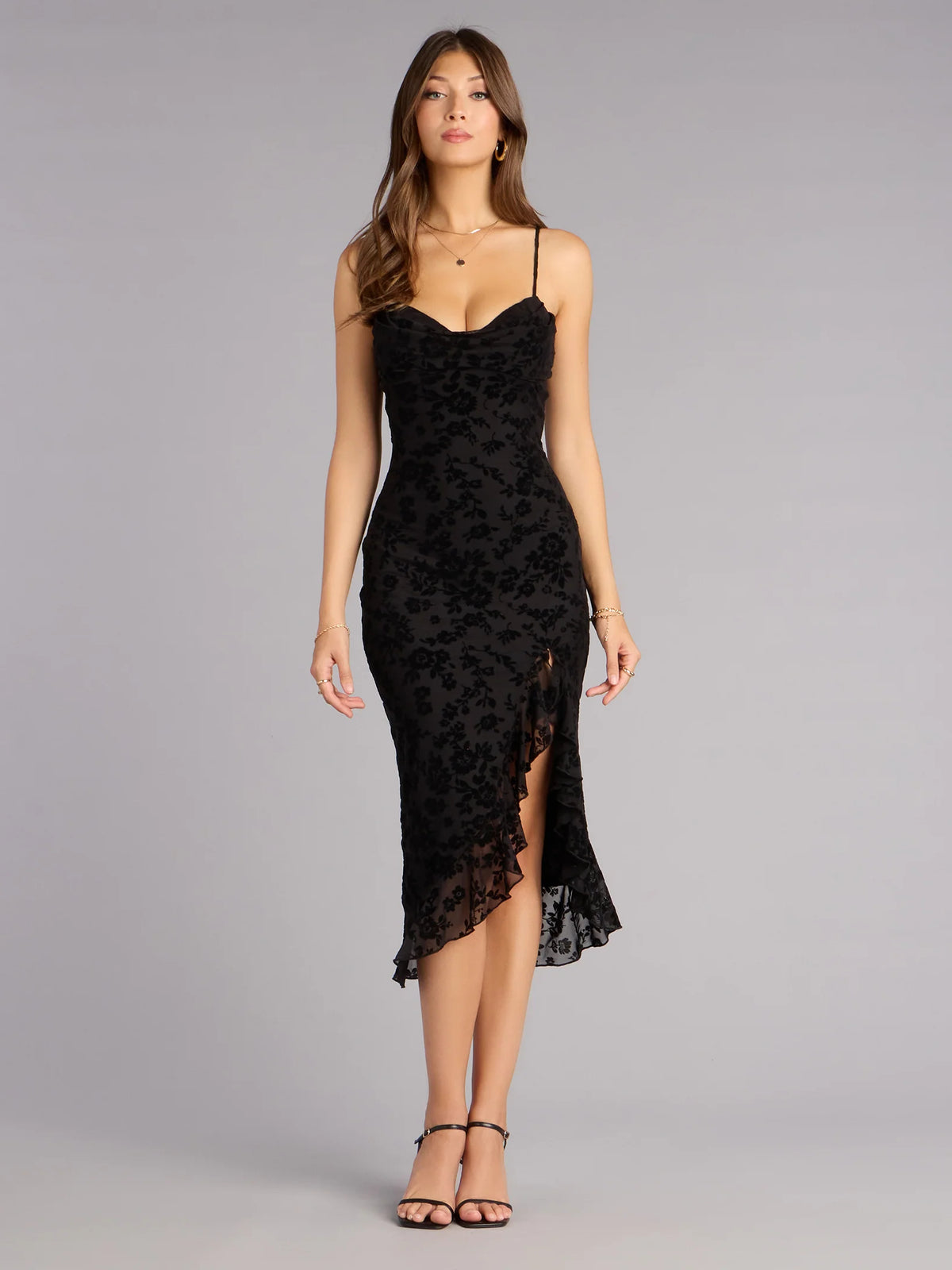 Orange midi formal dress with sweetheart neckline, full-length front view