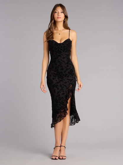 Orange midi formal dress with sweetheart neckline, full-length front view