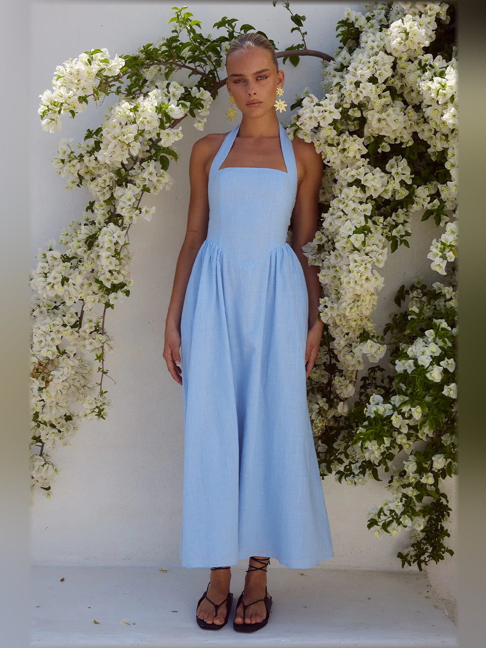 ICE BLUE a-line midi formal dress with halter neckline, full-length front view