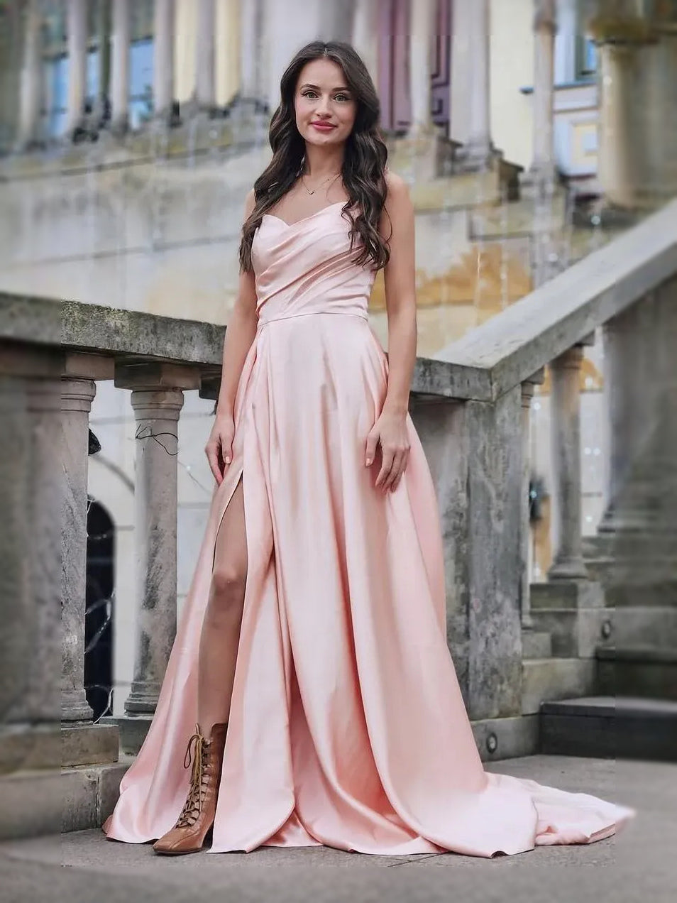 Blush Pink maxi prom dress, front view showing the a-line silhouette