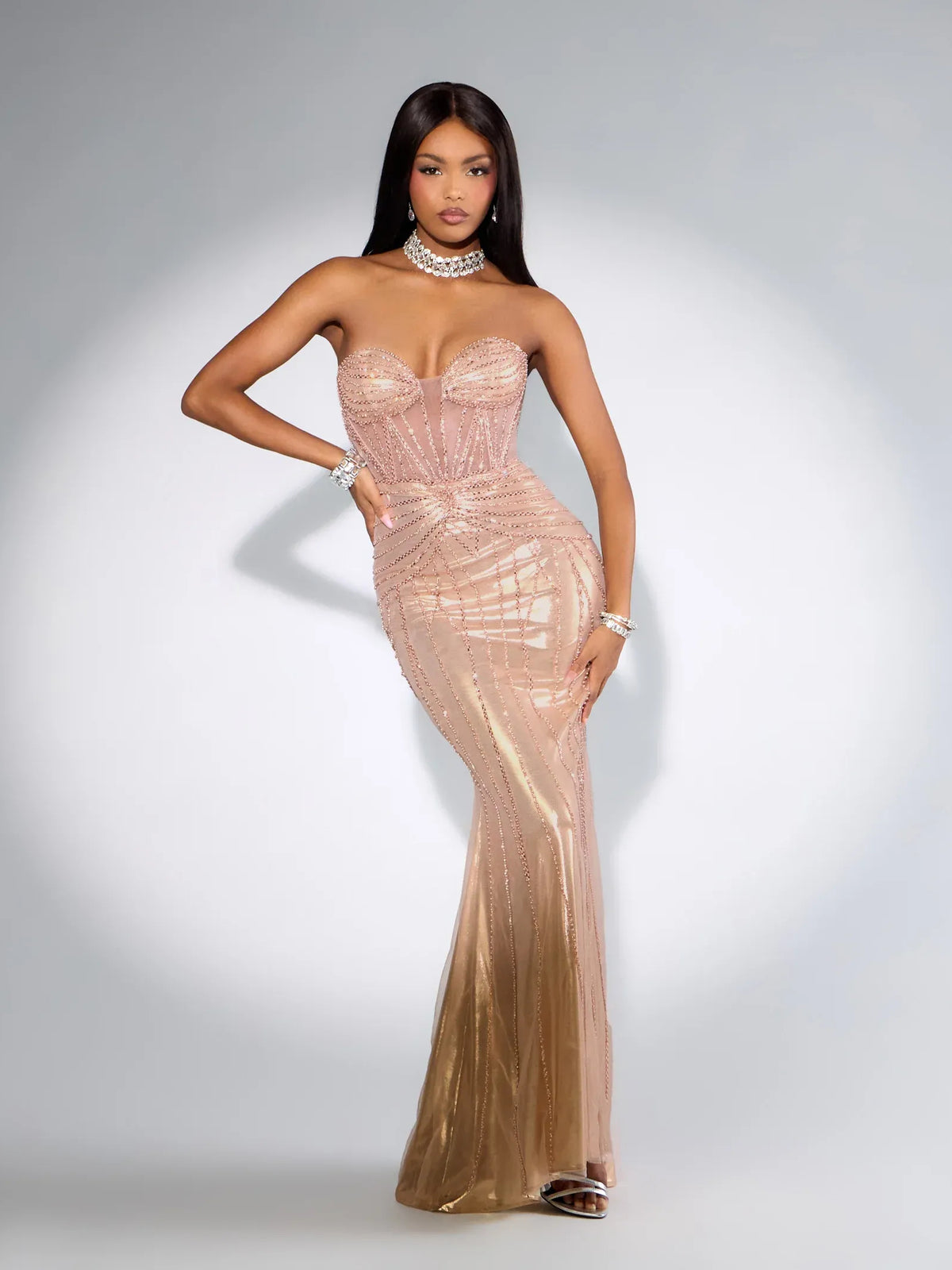 Rose Gold mermaid floor-length formal dress with sweetheart neckline, full-length front view