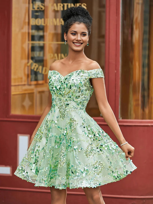Sage Green mini homecoming dress, alternate view showing the full-length silhouette