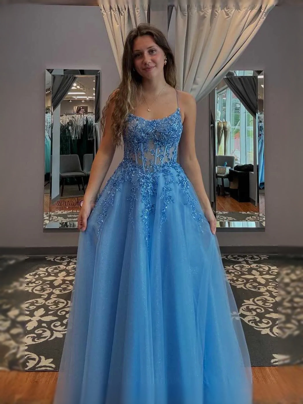 Sky Blue maxi prom dress, front view showing the a-line silhouette