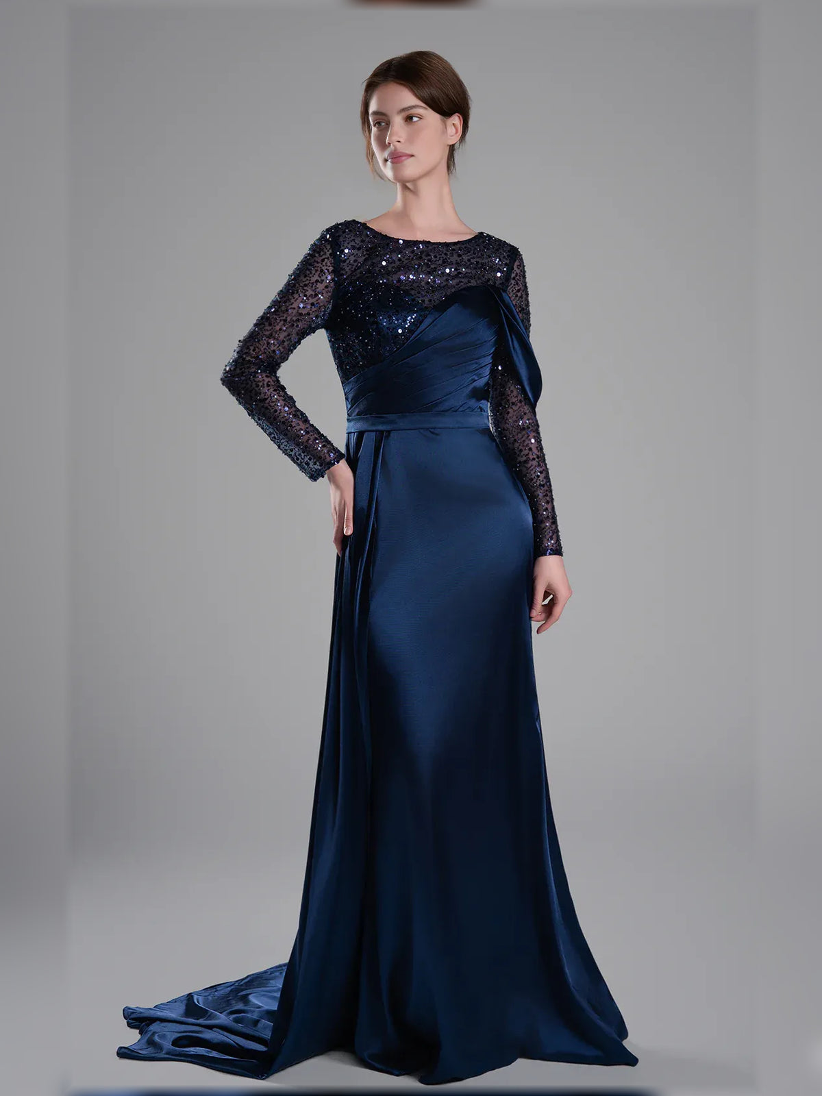 Navy Blue mermaid floor-length formal dress with ruching, full-length front view