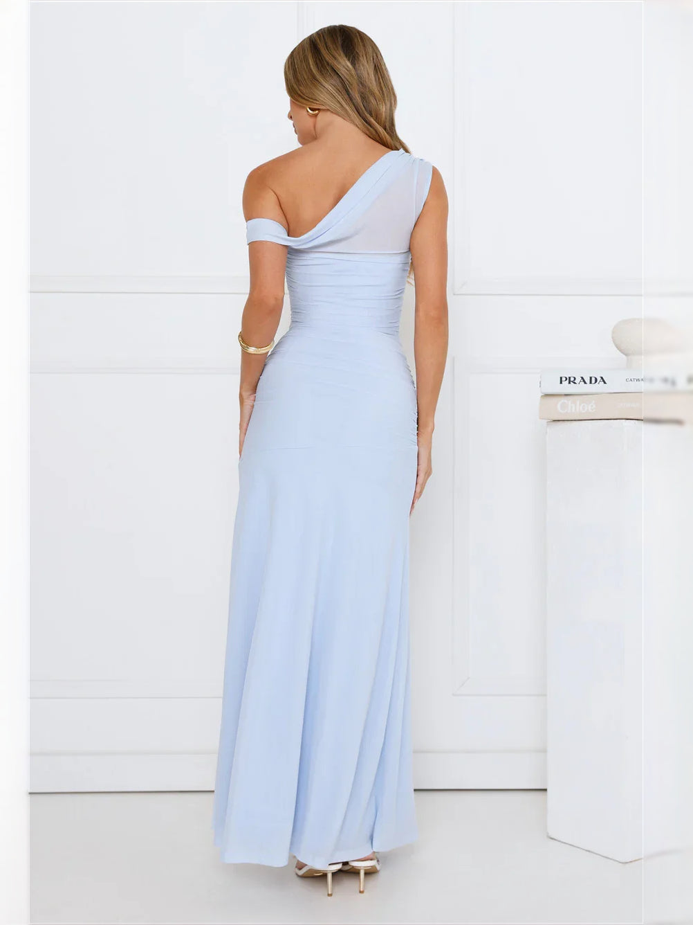 Sky Blue maxi bridesmaid dress, front view showing the sheath silhouette