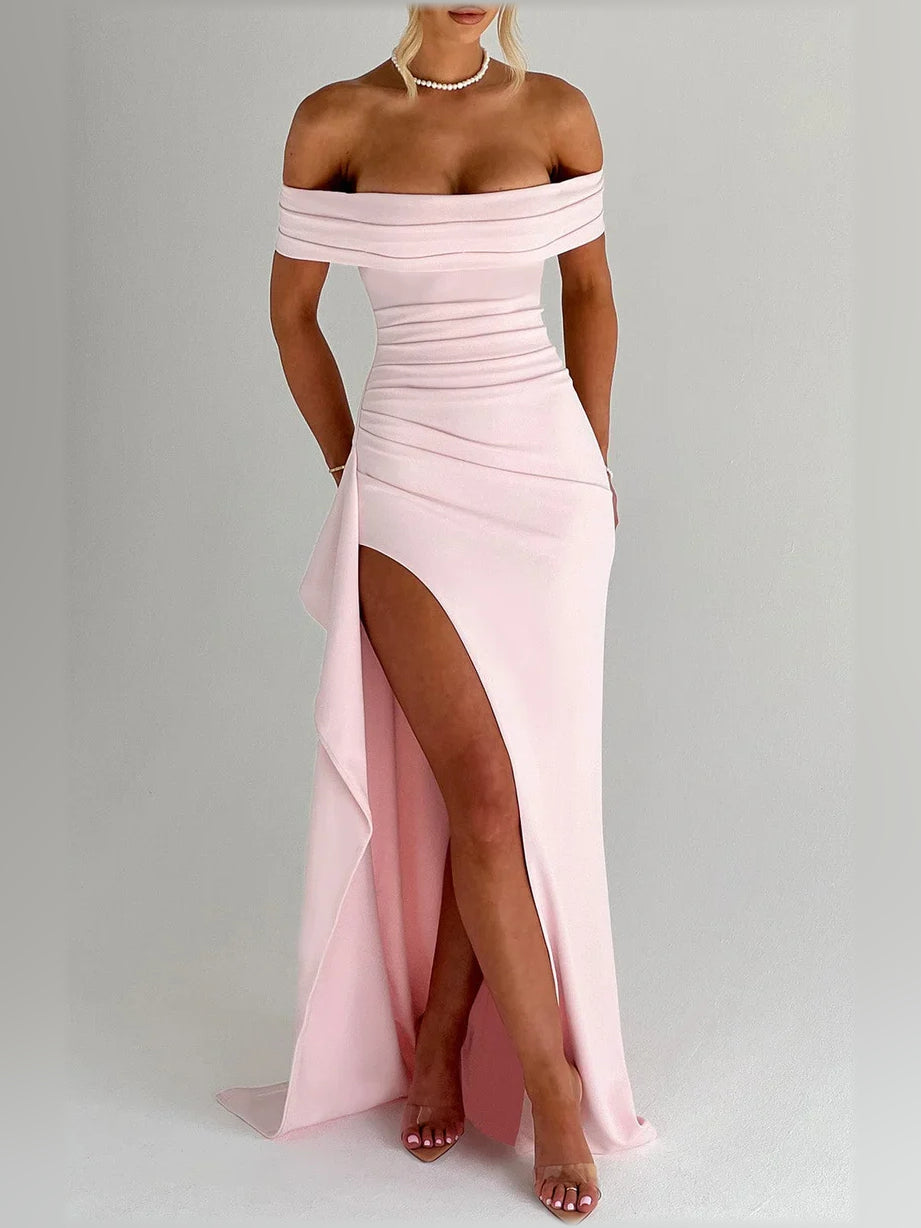 Blush Pink mermaid floor-length formal dress with off-the-shoulder neckline, full-length front view