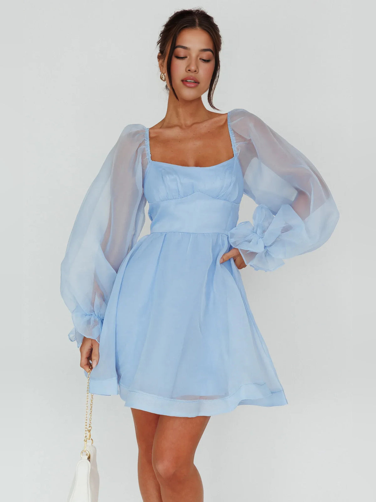Light Blue mini homecoming dress, alternate view showing the full-length silhouette