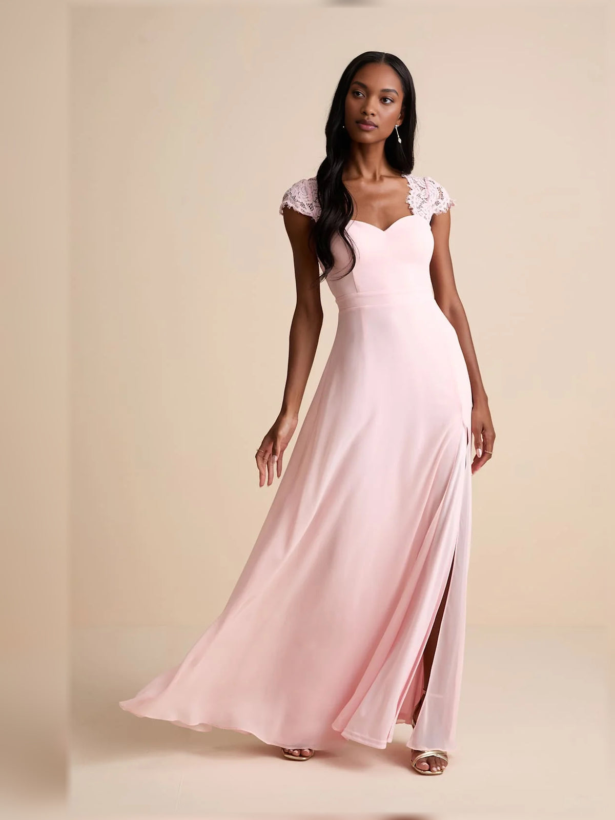 Blush Pink maxi bridesmaid dress, front view showing the a-line silhouette