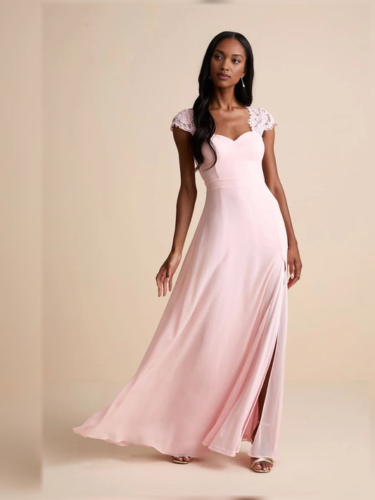 Blush Pink maxi bridesmaid dress, front view showing the a-line silhouette