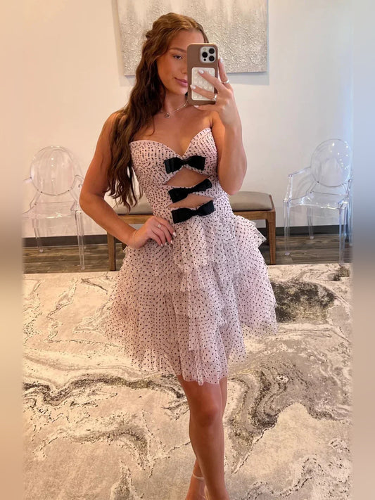 Pink mini homecoming dress, alternate view showing the full-length silhouette