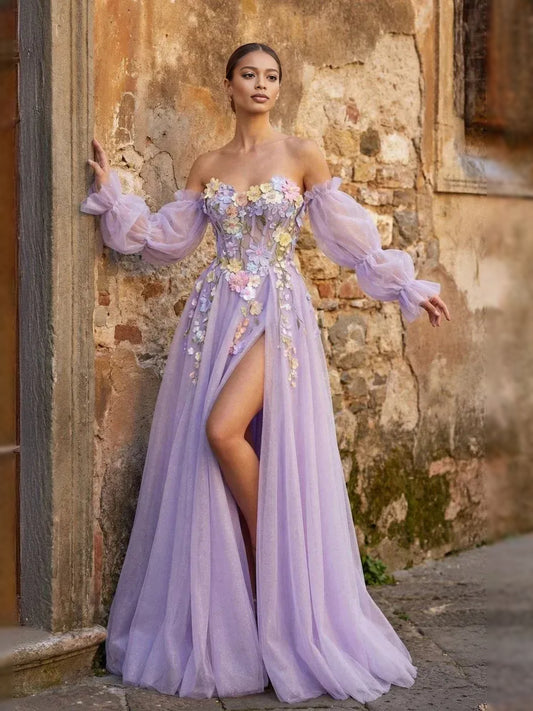 Lavender floor-length prom dress, front view showing the a-line silhouette