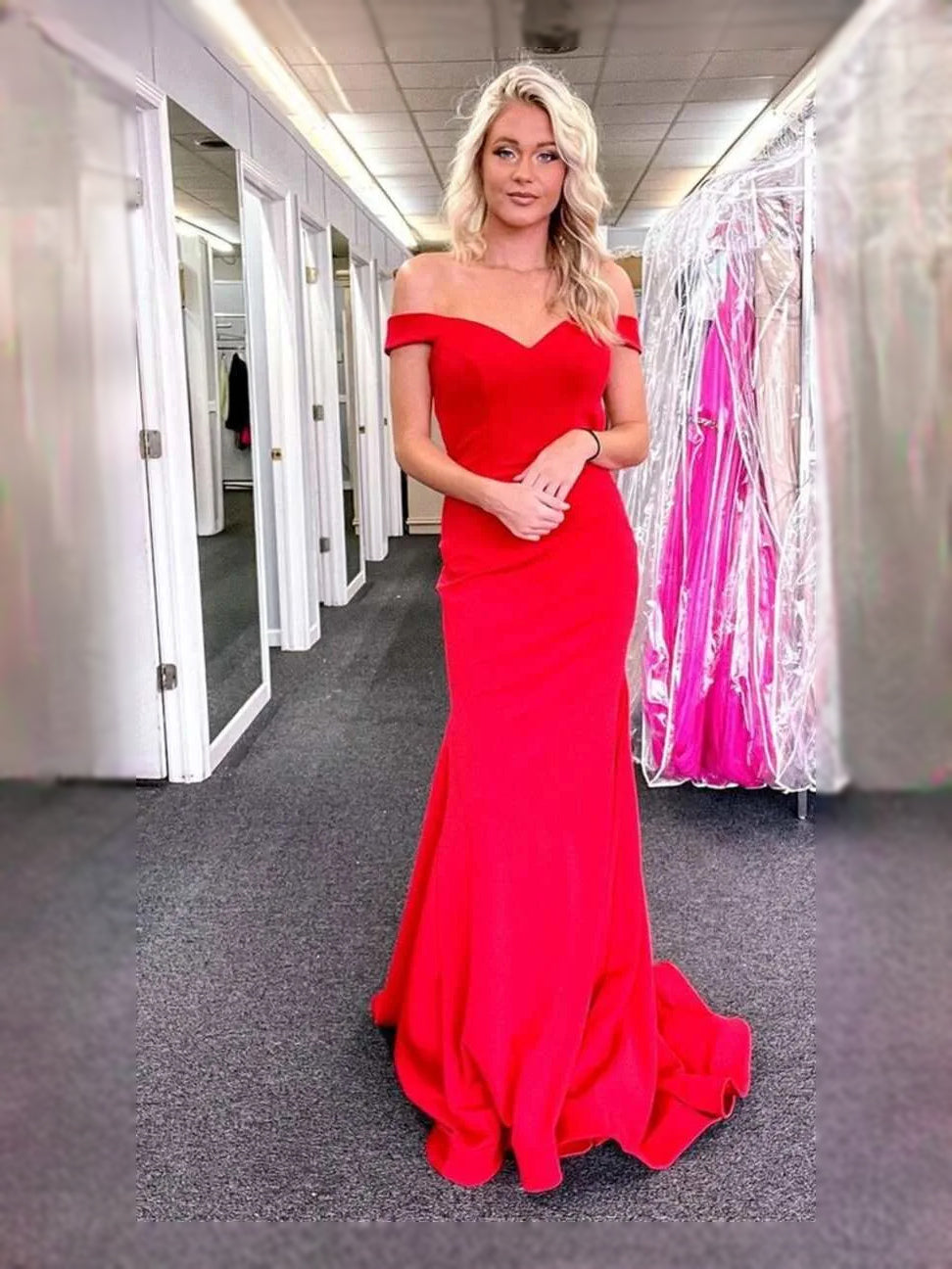 Red maxi prom dress, front view showing the mermaid silhouette