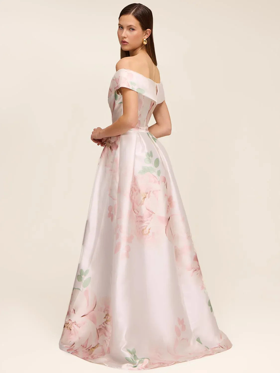 Floral maxi prom dress, front view showing the a-line silhouette