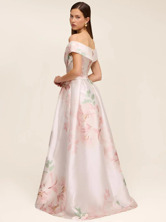 Floral maxi prom dress, front view showing the a-line silhouette