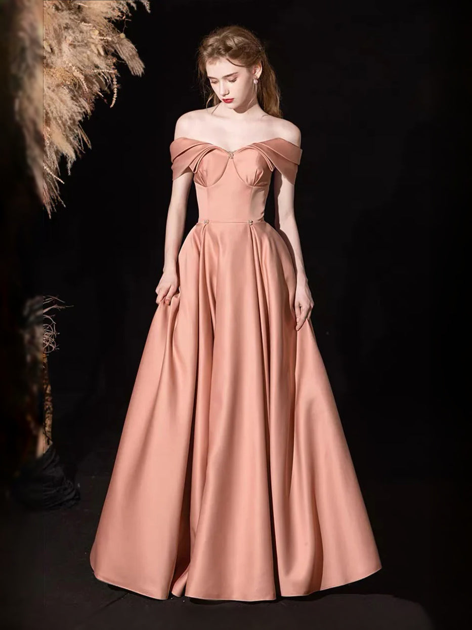 Pearl Pink maxi prom dress, front view showing the a-line silhouette