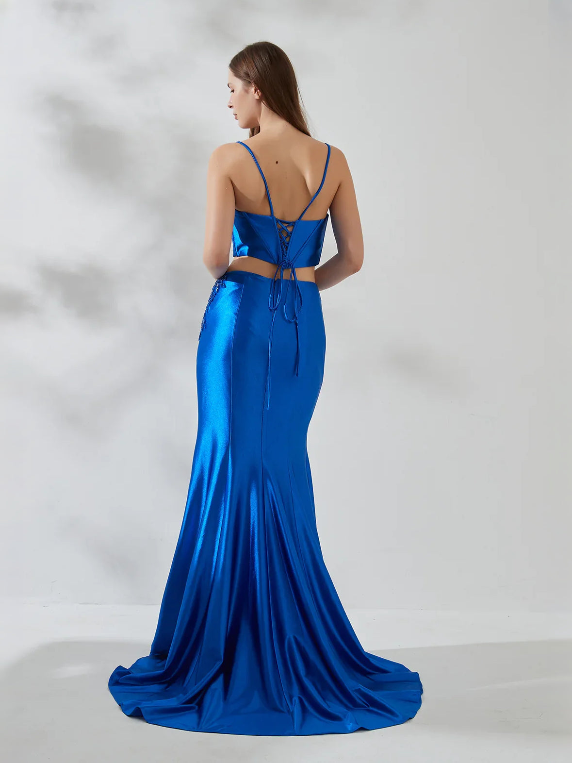 Cobalt Blue floor-length prom dress, front view showing the mermaid silhouette