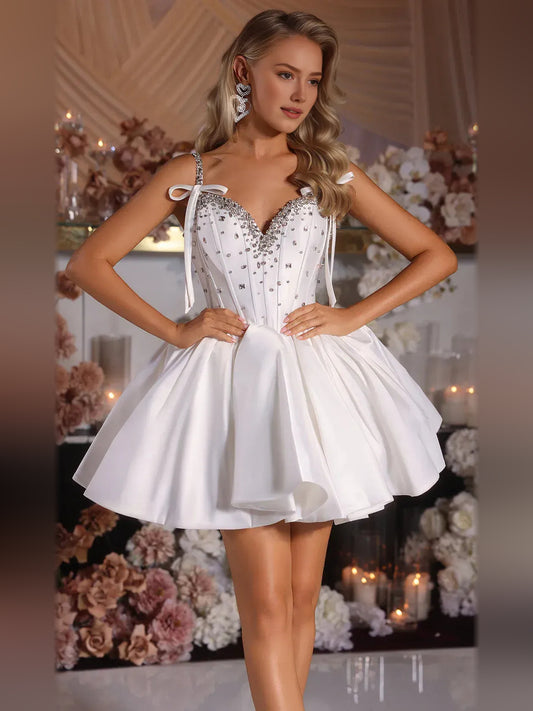 White mini homecoming dress, alternate view showing the full-length silhouette