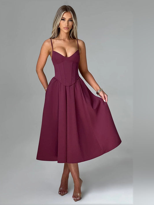 Cherry Lacquer midi formal dress, full-length front view