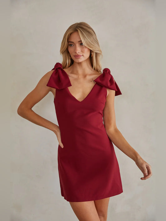 Red mini homecoming dress, front view showing the silhouette