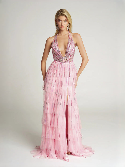 Pink floor-length prom dress, front view showing the a-line silhouette