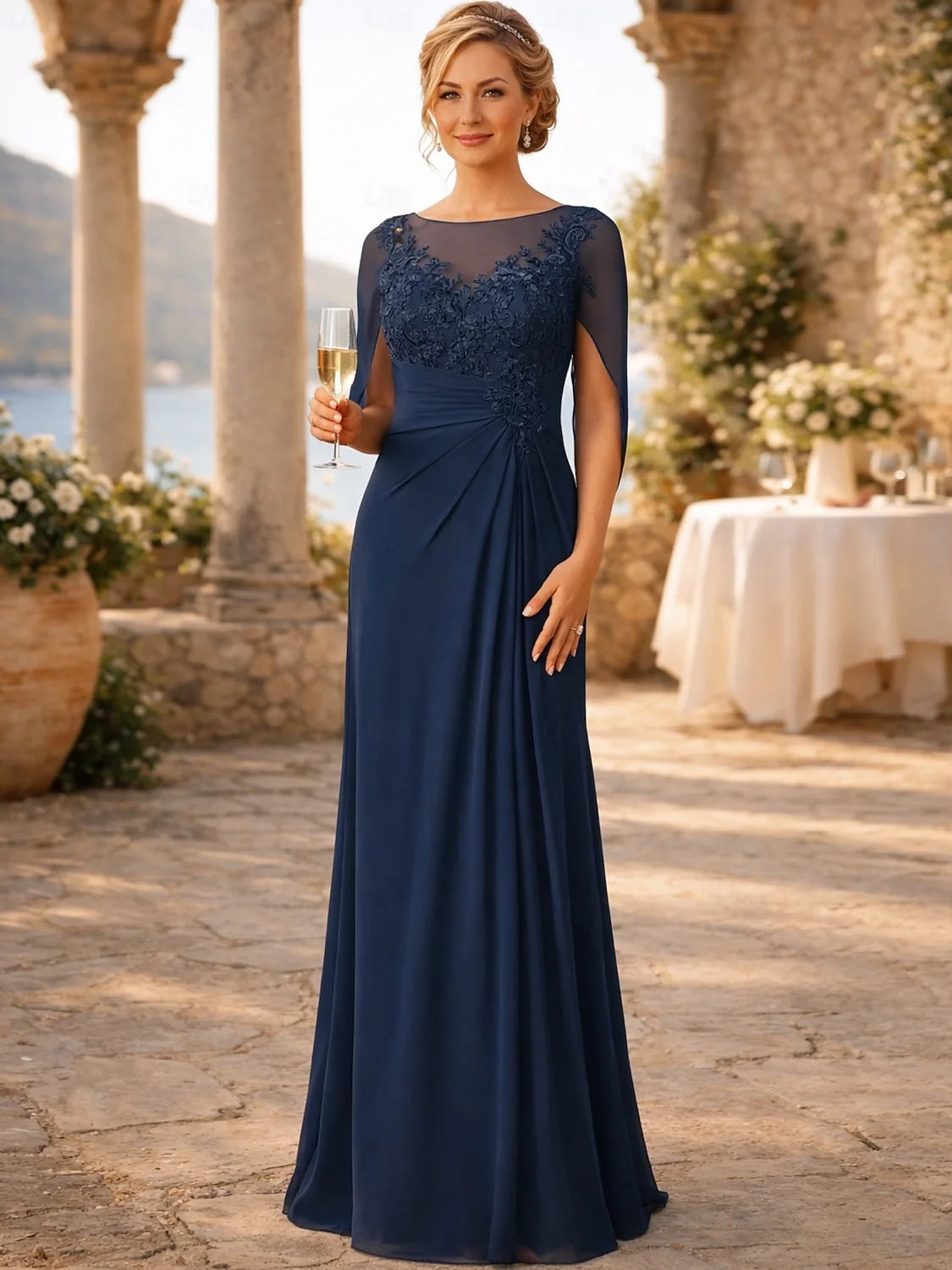 Navy Blue floor-length mother of the bride dress, front view showing the sheath silhouette