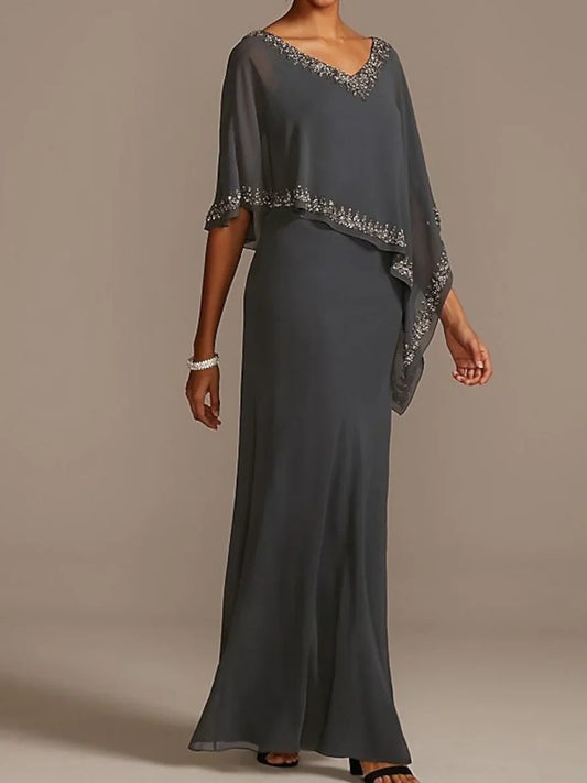Gray maxi mother of the bride dress, front view showing the a-line silhouette